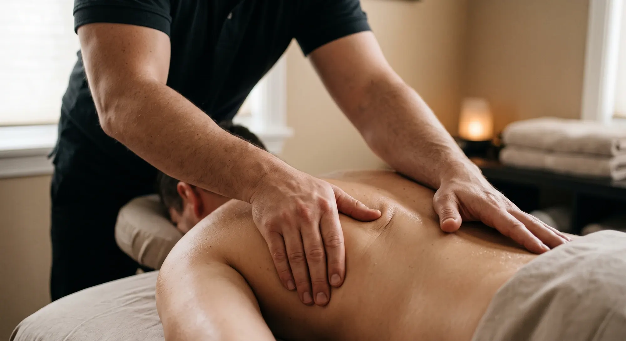 A therapist working deep pressure across the shoulders