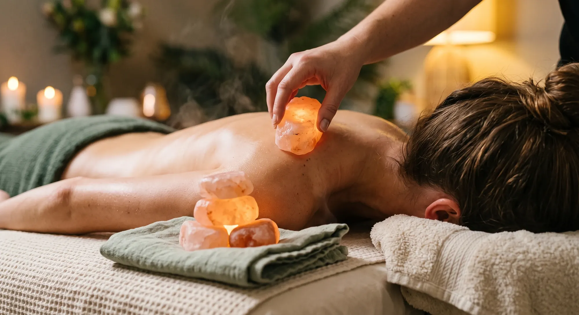 Glowing Himalayan salt stones resting on a guest's back