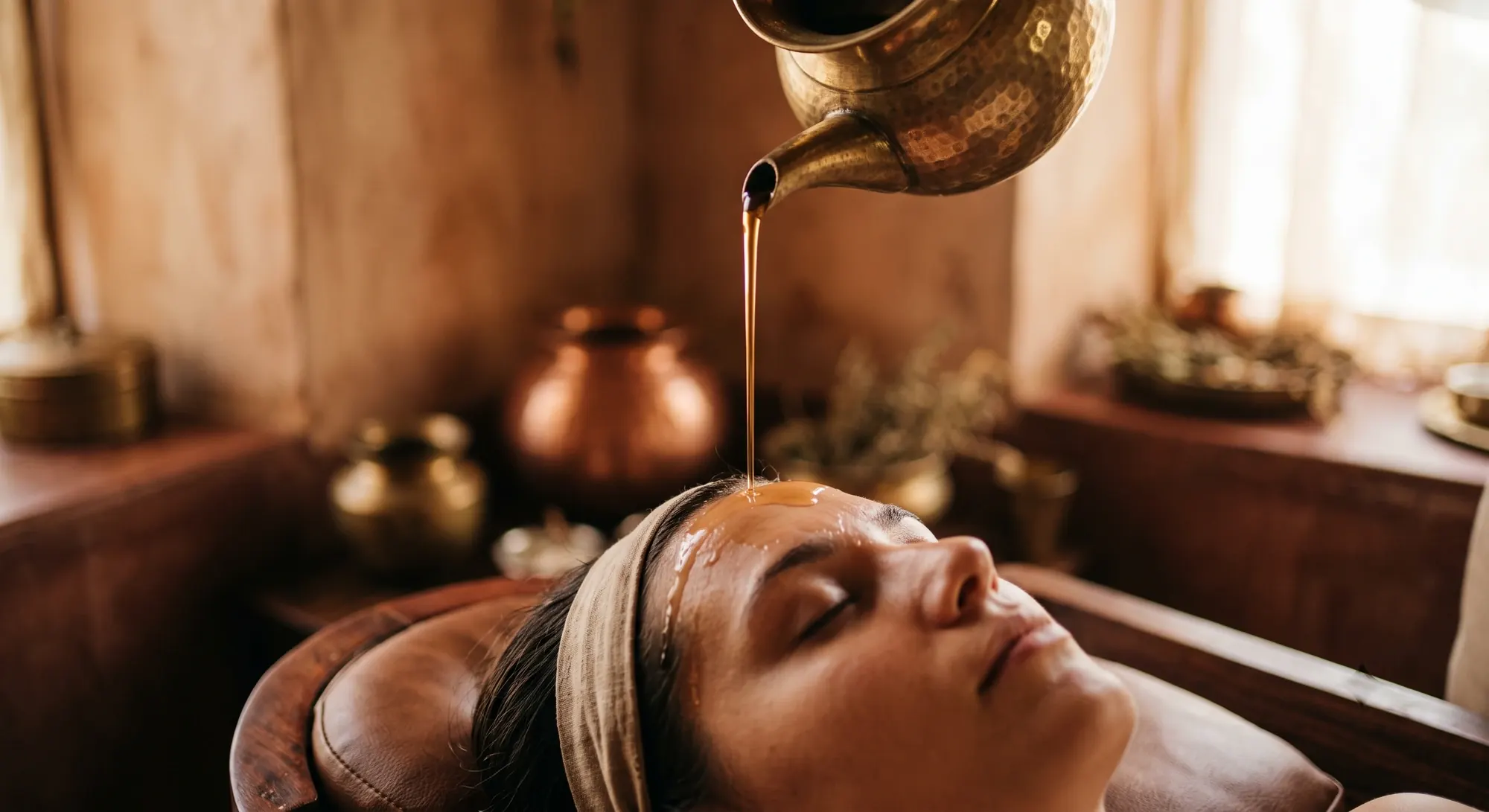Warm herbal oil poured from a brass vessel onto the forehead