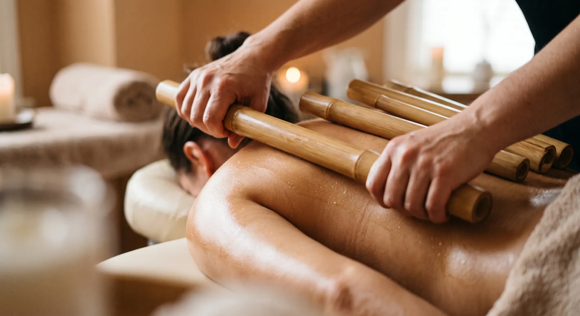 Warm bamboo canes rolled along a guest's back